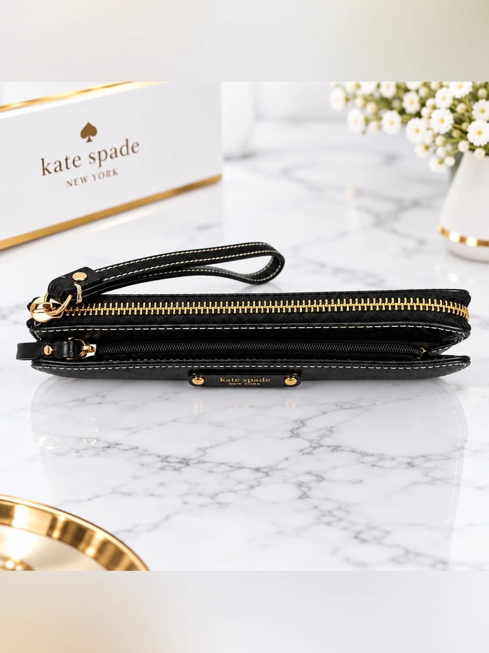 Kate Spade New York Black Pebble Grade Leather Wristlet Zippy Wallet